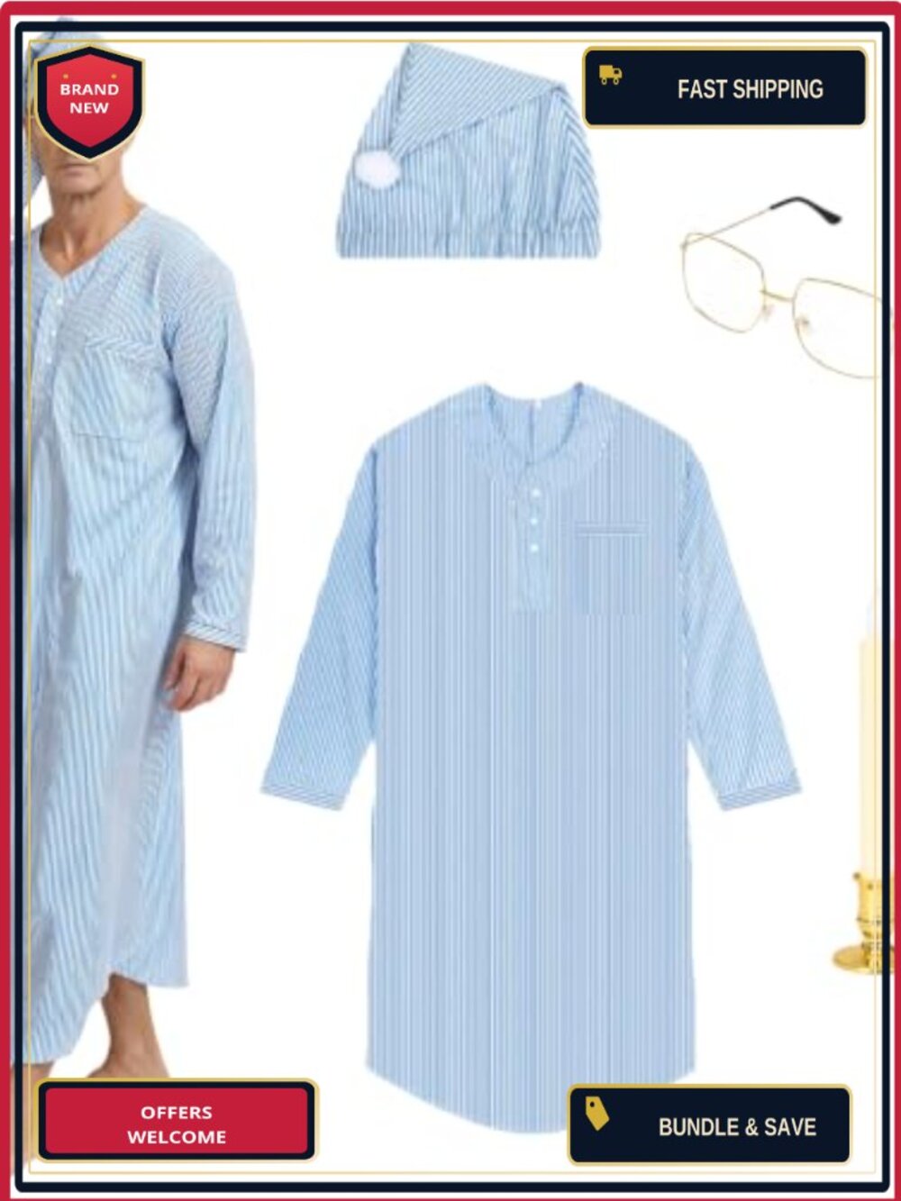 Men Christmas Pajama Set 4 Pc Nightgown Nightcap Costume Sleepwear